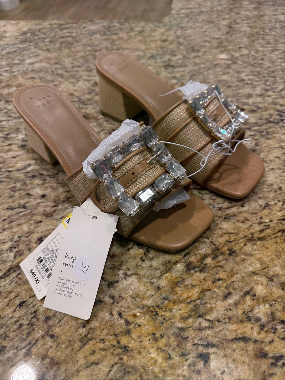 a new day Tan Jeweled Block Heel Mules